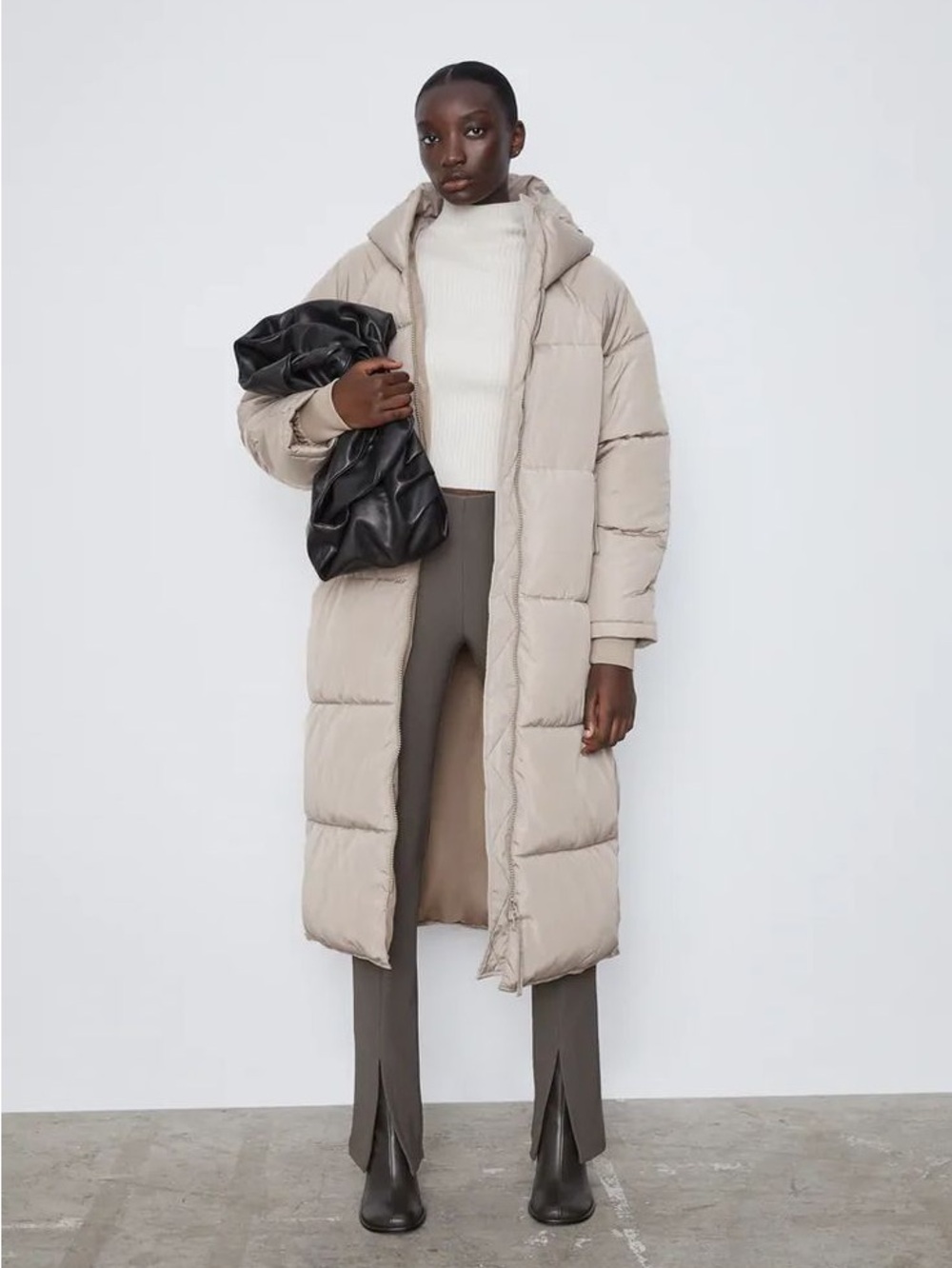 Zara Long Beige Hooded Puffer Coat